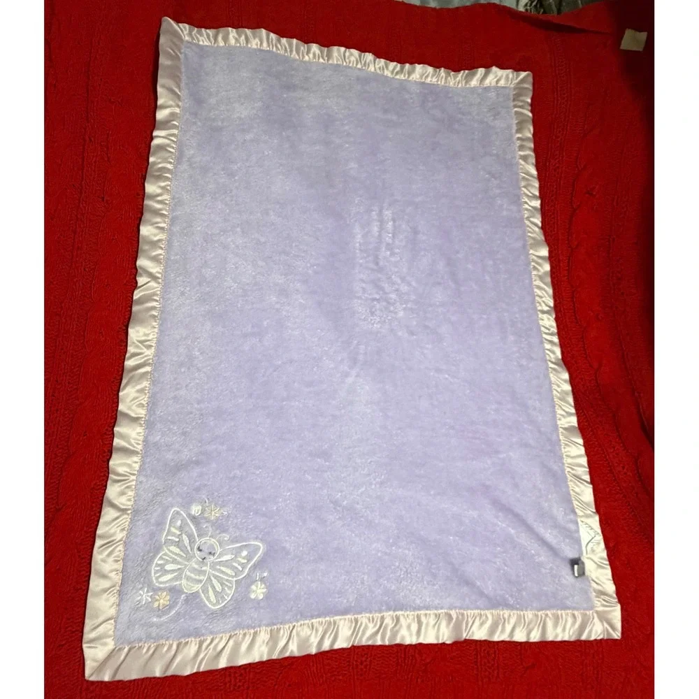 Lullaby Lane Purple Butterfly Baby Blanket Pink Satin Ruffle Trim Plush Fleece
